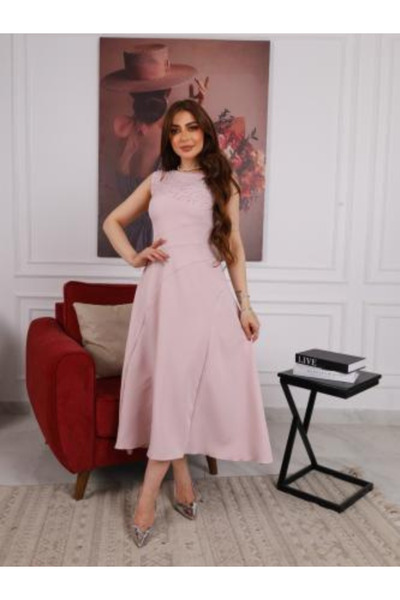 TREN Pink Midi Cocktail Dress Sleeveless A-Line Party Outfit Crystal Embellis...