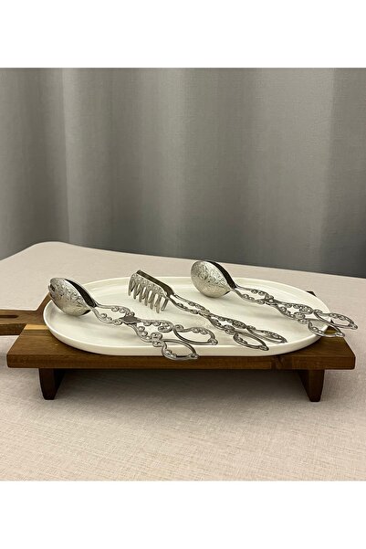 LUXAY HOME VINTAGE DESENLİ 3'LÜ GÜMÜŞ RENGİ METAL SERVİS SUNUM MAŞA SETİ