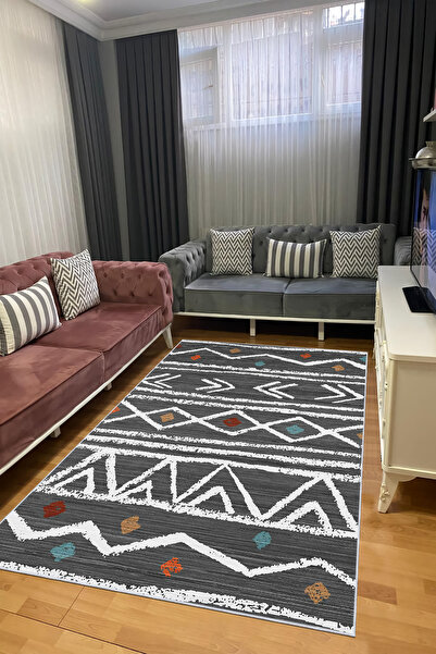 CENTER AVM Antrasit Beyaz Halı Salon Halısı Makinede Yıkanabilir Halı Kaymaz ...