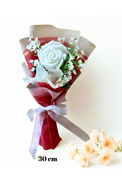 Home Yapay Tek Gül Buket , Beyaz Gül ve Cipso (30cm) Sevgilier Günü,Kız İstem...