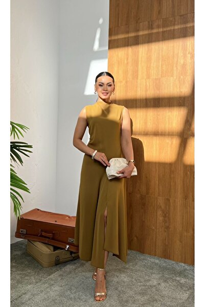 Nida Boutique Slit Flared Dress with Crew Neck, Zero Sleeves and Accessory De...