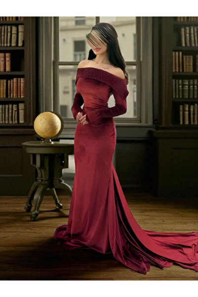 TREN Burgundy Velvet Evening Gown Off Shoulder Glitter Mesh Long Sleeve Forma...