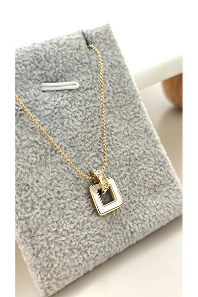 DİAVENTA TAKI VE AKSESUAR 316L Steel Square Pearlescent Stone Model Gold Stee...