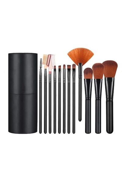 WTO Set of 12 Make-up Brushes, WTO®, With Holder, Black, 18 x 6.5 x 5 cm