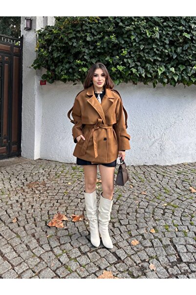 MODA TREND KISA KUŞAKLI KADIN KAŞE KABAN / KIŞLIK KISA TRENÇKOT CEKET