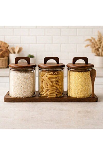 Meturas Acacia Stand Round Striped Spice Jar Set of 3, Vacuum Storage Jar 33×...