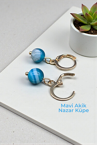 NBS Beautiful Naturel Stones Mavi Akik Gerçek Küpe 8 mm Kaplama Kaliteli