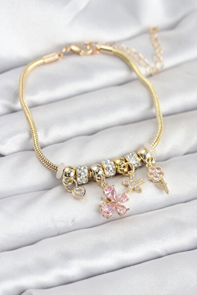 Epilons سوار نسائي من النحاس الذهبي مع حلية وردية اللون من Bfs