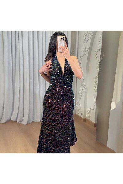 Star dresses Evening dress adorned with colorful sequins - halter design with...