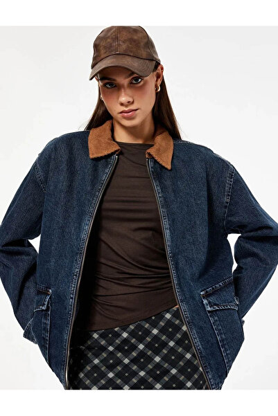 Koton Long Sleeve Velvet Collar Detailed Pocket Zippered Denim Jacket