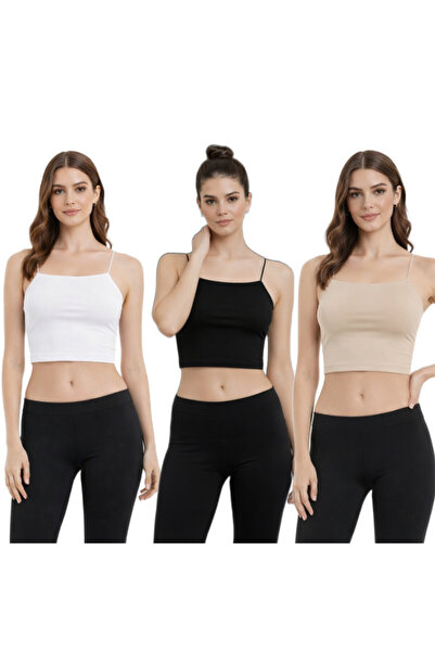 MODARENGİN 3-Piece Thin Strap Basic Crop Tank Top (Bustier) - Casual Stylish ...