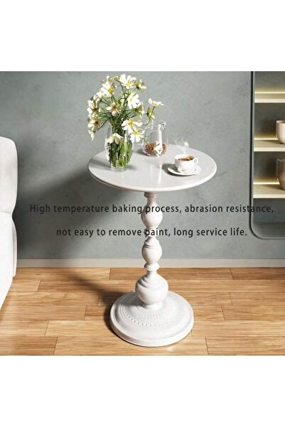 Mtanvxay طاولة جانبية معدنية عتيقة مزخرفة، دائرية بقطر 15.7 بوصة، بلون أبيض ع...