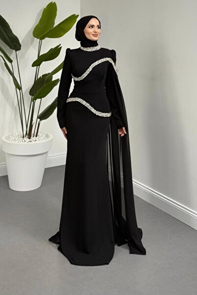 MERVEN AKYÜZ Stareh Taşlı Yandan Abiye Siyah
