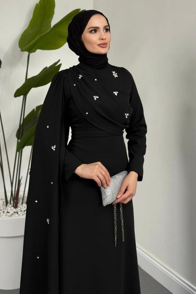 MERVEN AKYÜZ Elysia Pelerinli Taşlı Abiye Siyah
