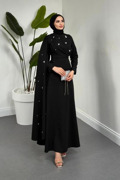 MERVEN AKYÜZ Elysia Pelerinli Taşlı Abiye Siyah