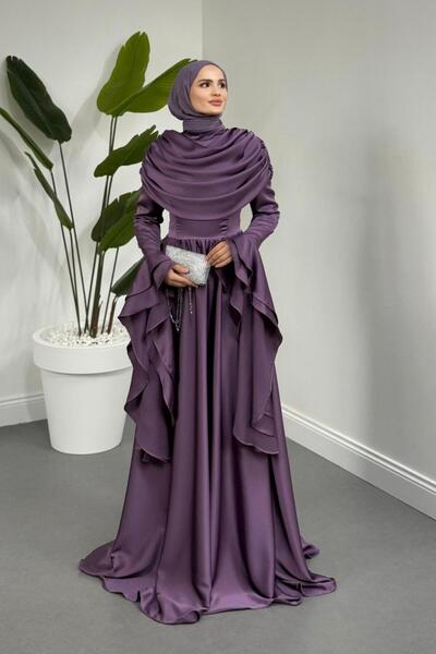 MERVEN AKYÜZ Sharin Drapeli Kolları Fırfırlı Abiye Lila