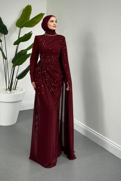 MERVEN AKYÜZ Clair Zımba Taşlı Tül Abiye Bordo