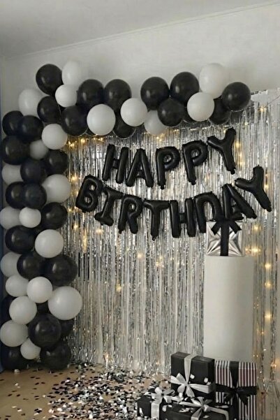 Baloncu Nene Black and White Balloon Set Black Foil Happy Birthday Lettering ...