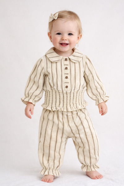 Babyhola Muslin Baby Girl Gipe Detailed Blouse and Ruffled Trousers Two-Piece...