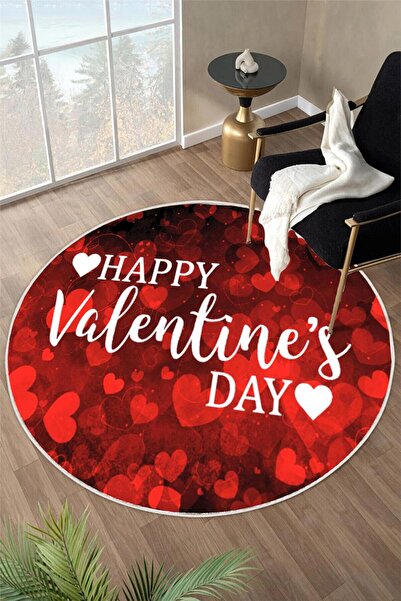 Pelura Halı Happy Valentine's Day Sevgililer Günü Özel Tasarım Yuvarlak Dijit...