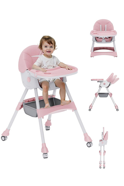 TaqwaMart 一个2合1可转换折叠高脚椅具有高度调节，一个5点安全带，可移动的双托盘，PU软垫，防滑金属腿-一个轻便的便携式餐椅，很容易组装