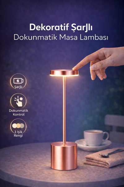 Ecuy Dekoratif Masa üstü Şarjlı Dokunmatik Masa Lambası Rose Gold 3 Işık Renk...