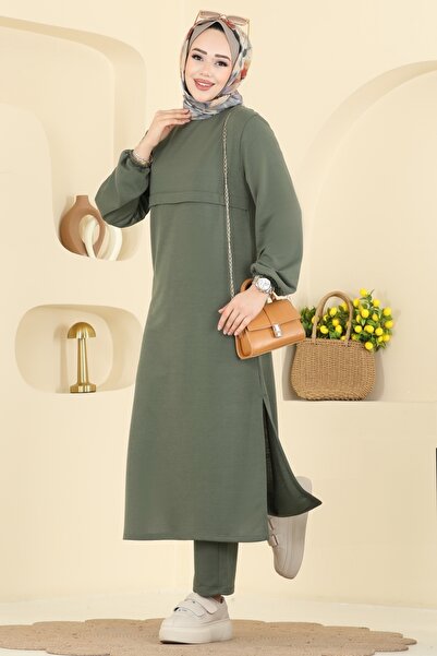 ModaMerve Manşeti Lastikli İki İplik Takım 1914SBL832-MS Haki