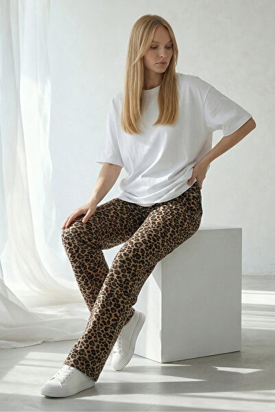 OMG Kadın Leopar Desenli Eşofman Altı - Cepli Düz Paça Lastikli Bel Kaliteli ...