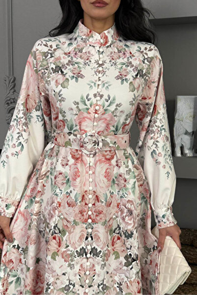 Neşeli Butik Women Ecru Floral Pattern Imported Fabric Full Button Belt Desig...