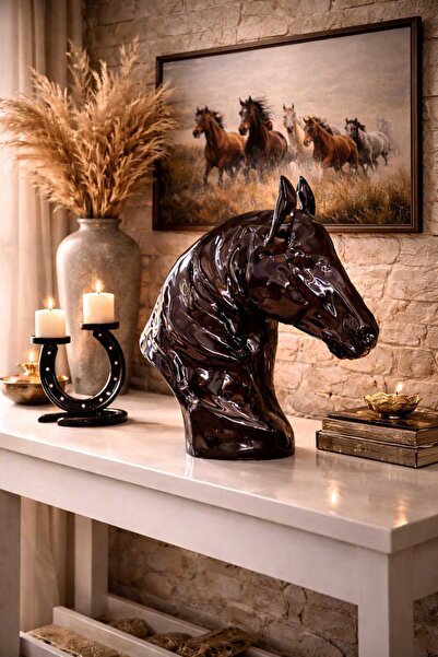 İMOKA DİZAYN Gücün Simgesi Siyah Parlak Seramik At Başı Dekoratif Biblo