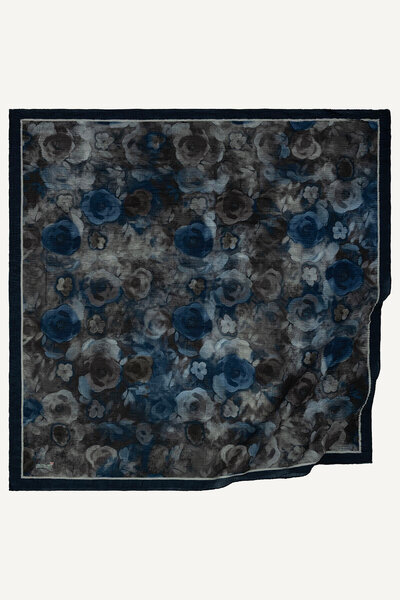 SilkTouch Navy Blue Nostalgic Rose Patterned Muslin Scarf