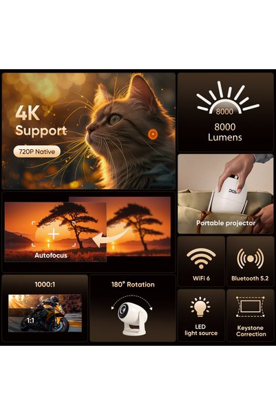 Aoc Mini Projector | 4K/720P | 230 ANSI | WiFi6 BT5.0 | Android12 | 180° Rotate | Portable Outdoor