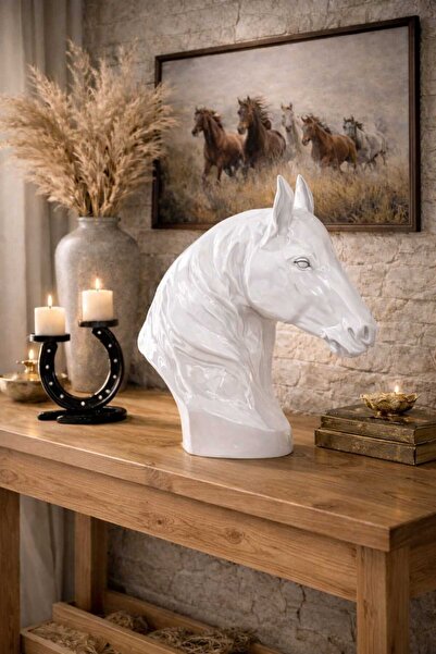 İMOKA DİZAYN Gücün Simgesi Beyaz Parlak Seramik At Başı Dekoratif Biblo