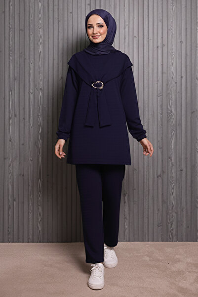 benguen Buckle Detailed Double Suit N5424 Navy Blue