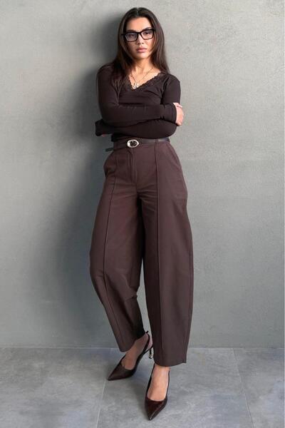 Madmext Kahverengi Modern Kesim Kemerli Yüksek Bel Bol Paça Kumaş Pantolon MG...