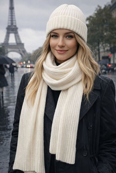 BALIENTE Ecru Lux Wool Corded Fabric Knitted Scarf and Beanie Set of 2 45X210 cm