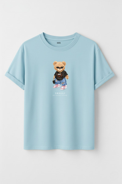 DK DAKSEL Women's Swaggy Teddy Bear Printed Crew Neck Cotton T-Shirt