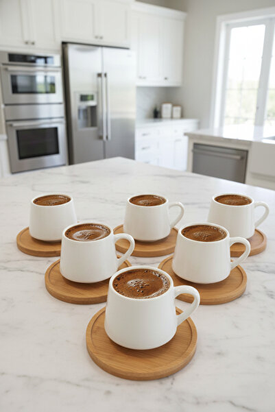Tohana Kapris 18502 6 Lı Bambu Tabaklı Porselen Kahve Fincanı Takımı