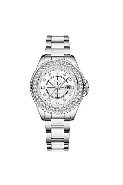 VOGUE VENUE ساعة نسائية فضية أنيقة مرصعة بالكريستال من سلسلة VANTÉ مع نافذة ل...