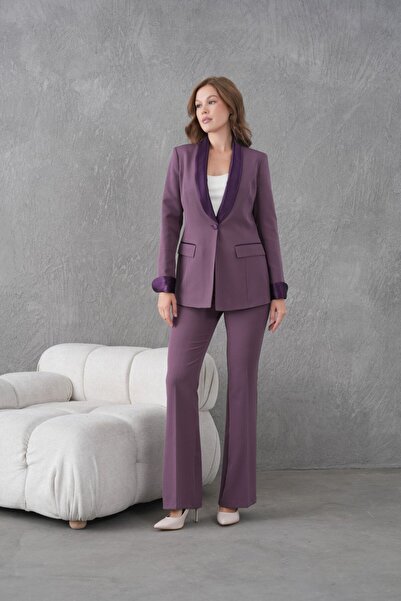 nodilife Saten Yaka Broşlu Kadın Takım Elbise Mürdüm