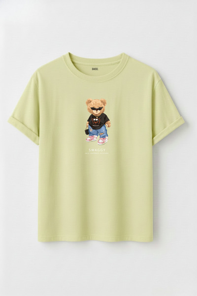 DK DAKSEL Women's Swaggy Teddy Bear Printed Crew Neck Cotton T-Shirt