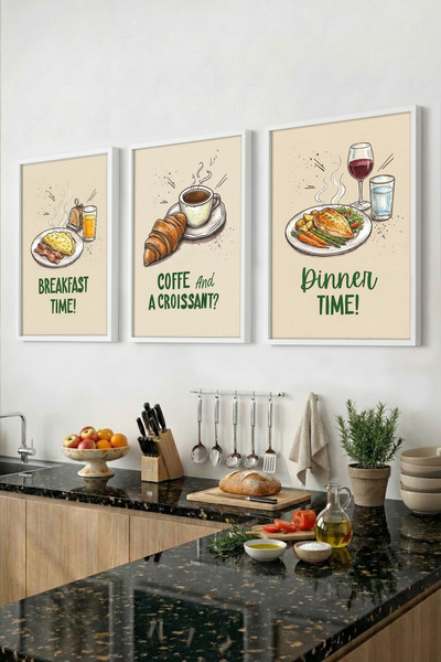 Yoko Home 3’lü Ahşap Çerçeveli Tablo Seti, Eat Time Tasarımlı Mutfak Tablosu ...