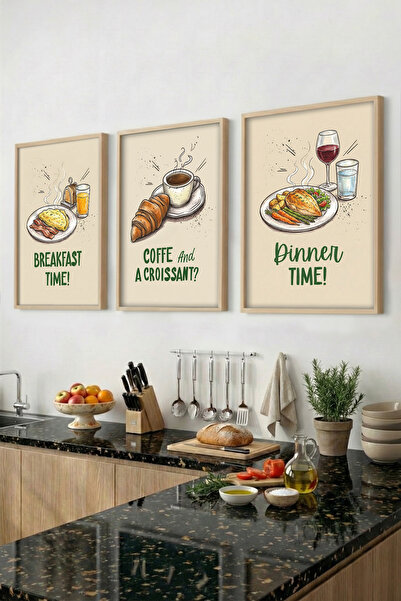 3-Piece Wooden Framed Table Set, Kitchen Table Wall Decor with Eat Time Design