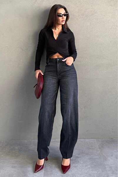 Madmext Антрацит 100% бавовна Широкі штанини Висока талія Жіночі джинси Wide ...