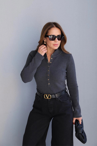 Purple by Banu Antrasit Çıtçıtlı Triko