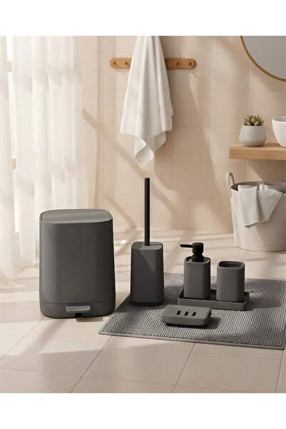 MİEN Kare Gri 5 Parça Akrilik Banyo Seti | Modern ve Şık Tasarım