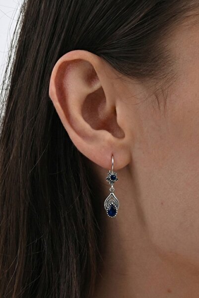 Söğütlü Silver 925 Ayar Gümüş Küpe Oksitli Telkari Lacivert Taşlı Damla Salla...