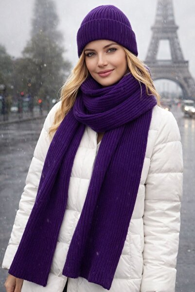 BALIENTE Mor Lux Wool Corded Fabric Knitted Scarf and Beanie Set of 2 45X210 cm
