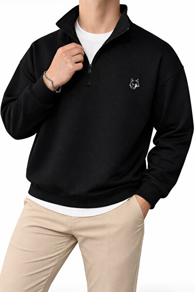 Deep sense Men's Black Half Zipper Winter Sweatshirt Mock Neck 3 Thread Fleec...