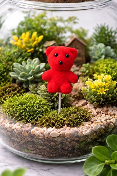 Yerli Kırmızı Mini Saplı Ayıcık Figürü 5 Cm
